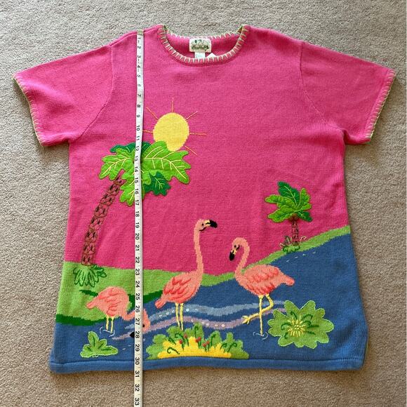 VTG Quacker Factory Flamingo Beach Novelty Short Sleeve Sweater Sz XL Ramie NWT - Picture 6 of 6